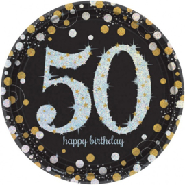 Bordjes 50 Happy Birthday sparkling 23cm Ø 8stuks