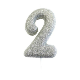 Nummerkaars glitter zilver ‘2‘ (7cm)