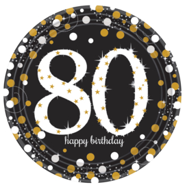 Bordjes 80 Happy Birthday sparkling 23cm Ø 8stuks