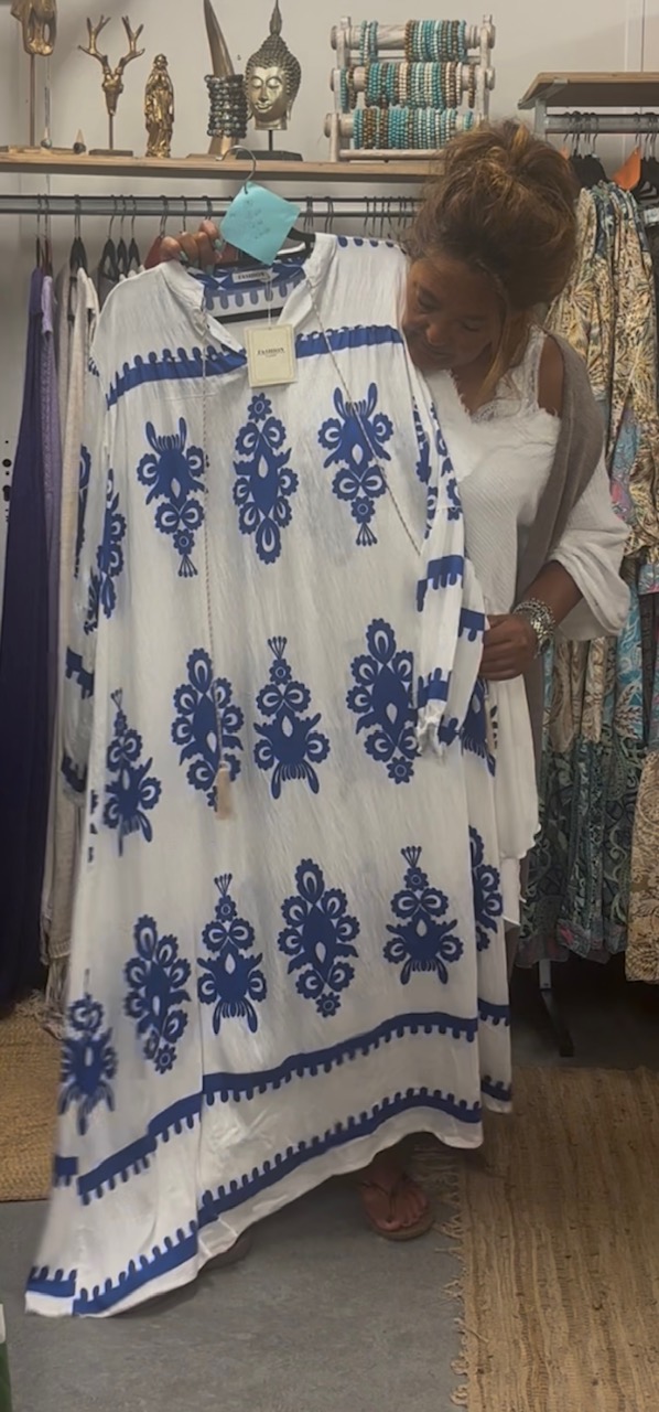 Grote maxi jurk blauw/wit nr 4