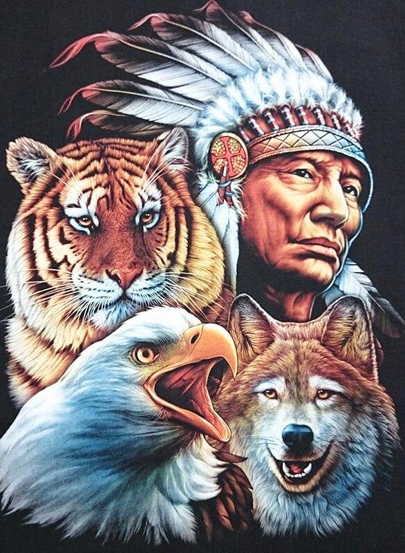 Diamantpainting Indianer mit Tiger, Adler und Wolf