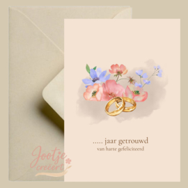 Kaart – ... jaar getrouwd bloemen met ringen