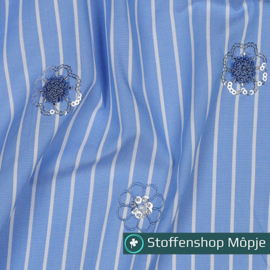 Katoen Stepen Pailletten Bloemen Blauw