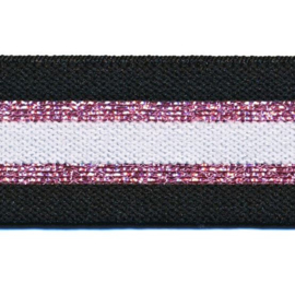 Polyamide Elastiek Zwart Wit Roze Lurex 30 mm