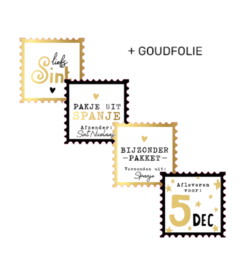 Sinterklaas sticker postzegels  - zwart goud wit - 8 stuks