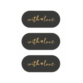 Cadeau stickers ovaal - zwart - With love - 6 stuks