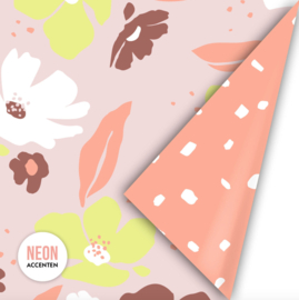 Cadeaupapier roze met bloemen neon accenten - 30 cm x 3 meter