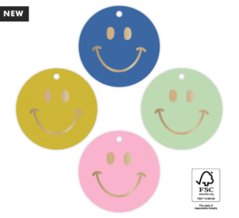 Cadeaulabel Smiley - Blauw, mint groen, roze en geel 4st.