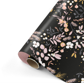 Cadeaupapier zwart kerstbloemen - 50 cm x 3 meter