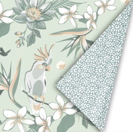 Cadeaupapier Tropische vogels - mint groen salie - 30cm x 3m