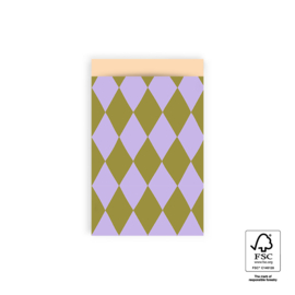 Cadeauzakjes harlequin olive lilac - 12x19 cm (M) - 5 Stuks