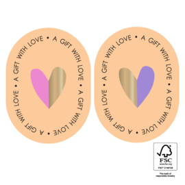 Stickers ovaal peach met hart  - 5,5 x 7,5 cm  6 stuks