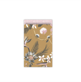 Cadeauzakjes Tropische vogel bloemen - Oker geel roze - 5 Stuks - M