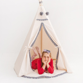 Tipi Tent Beige - Grey Pom Pom