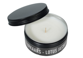 Geurkaars blikje zwart sojawax parfum Lotus Jasmijn