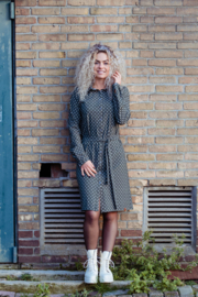 Mooi Vrolijk Dress Long - Dark Green with White Dots