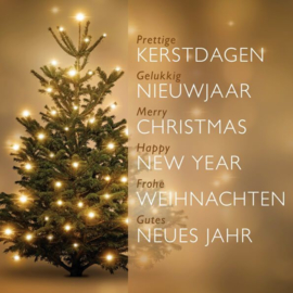 25 Kerstkaarten | Kerstboom op goud, wens in meerdere talen