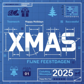 25 Kerstkaarten | 2025 Bouwtekening in blauwe kerstsfeer