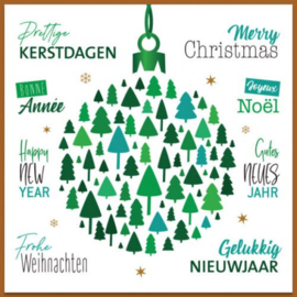 10 Kerstkaarten |   Kerstbal van groene dennenbomen, internationaal