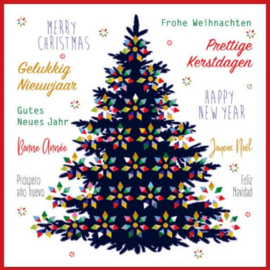 25 Kerstkaarten | MAW, Kleurrijke kerstboom internationale wensen