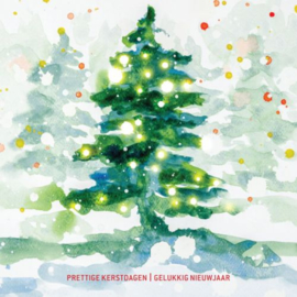 25 Kerstkaarten | KWF, aquarel van groene kerstboom met roodfolie