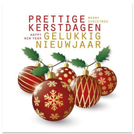 25 Kerstkaarten | KWF, rood gouden kerstballen met hulst