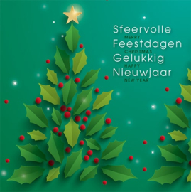 25 Kerstkaarten |  Kerstboom hulstbladeren en rode besjes