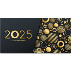 25 Nieuwjaarskaarten | 2025 Gouden kerstballen abstract op zwart