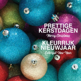 25 Kerstkaarten | KWF, glinsterende kerstballen in allerlei kleuren