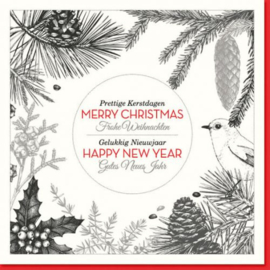25 Kerstkaarten | Getekende kersttakken in zwart, rood en wit