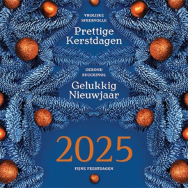 25 Kerstkaarten | 2025 Kersttakken en kerstballen in blauw en oranje