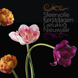 25 Kerstkaarten | Sfeervolle kleurige tulpen op zwart