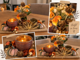 Herfstschaal met oranje, beige, roeste en gouden tinten incl. theelichthouders