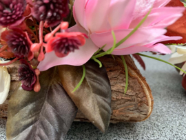 Boomschors mandje met bordeaux, roze, beige tinten