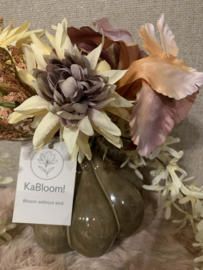 Bruine pompoenvormige vaas met beige, zalm, bruine en lichtmauve tint