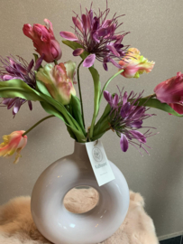 Vaas met papegaaitulpen mauve/roze