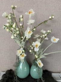 Watergroene vaas met witte poppy's, appeltak en tillandsia