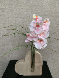 Houten hart met glazen buisjes gevuld met roze mini orchidee en fijn gras