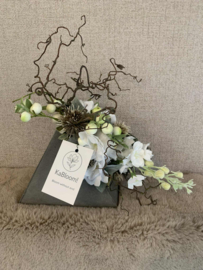 Driehoeken vaas met beige distel en witte bloemen