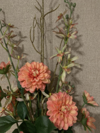 Speciale groen/beige vaas gevuld met dahlia koraal en cattleya