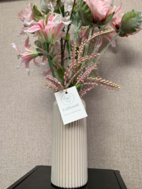 Beige geribbelde glazen vaas met roze/beige tinten