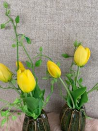 Donkergroen cactusvaasje met gele tulpen en groen