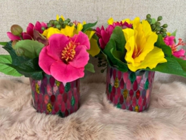 Gekleurd spiegelpotje met fuchsia en gele tinten