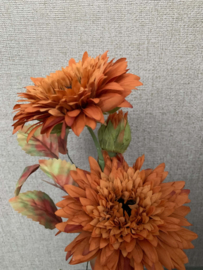 Glazen vaas met roest zand met roestkleurige helianthus en eikenblad