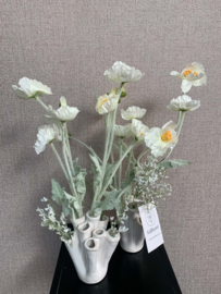 Open witte takjesvaas met witte klaprozen en statice