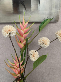 Waaiervormige creme vaas met roze heliconia en creme pompons