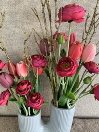 Buisvaas met fuchsia tulpen en ranonkels