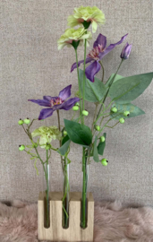 Houten houder met glazen buisjes gevuld met paars/groene bloemen