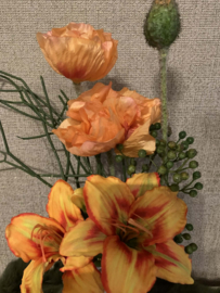 Oranje glazen geribbeld vaasje met oranje/groene tinten