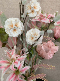 Beige geribbelde glazen vaas met roze/beige tinten